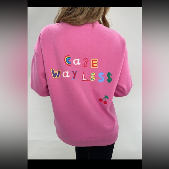 Bailey Rose Graphic Care Way Less Sweatshirt Size Medium Pink Crewneck Pullover - Picture 1 of 15
